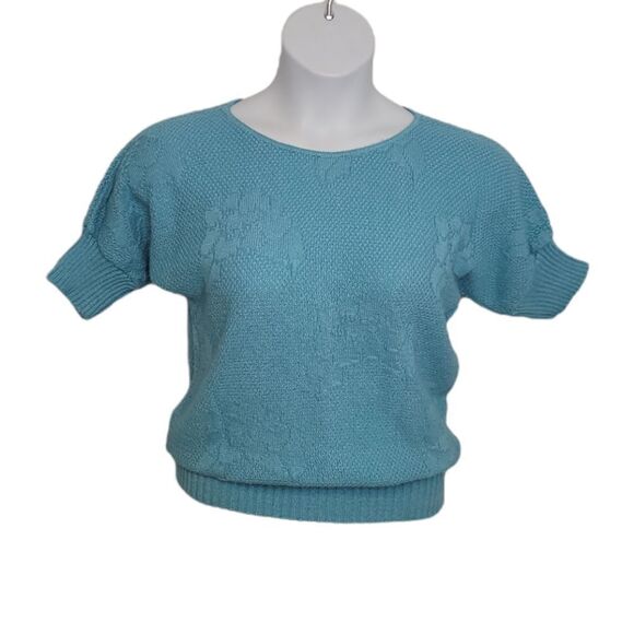 VINTAGE 90s blue‎ sweater floral intarsia short sleeve fitted waist S - Picture 1 of 8